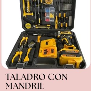 KIT TALADRO INALÁMBRICO CON MANDRIL METÁLICO Y JUEGO DE HERRAMIENTAS EN MALETÍN